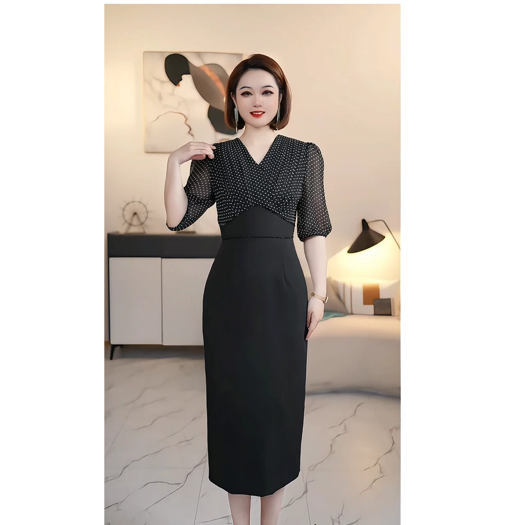 现货【深圳薇姐清仓】V 高端大码原创遮肉显瘦连衣裙 V1001