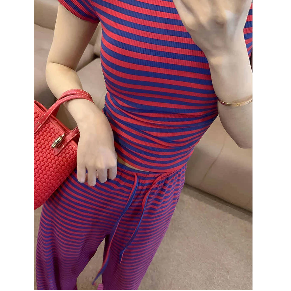 夏装搭配一整套时尚套装洋气条纹套装女2025短袖t恤阔腿裤两件套