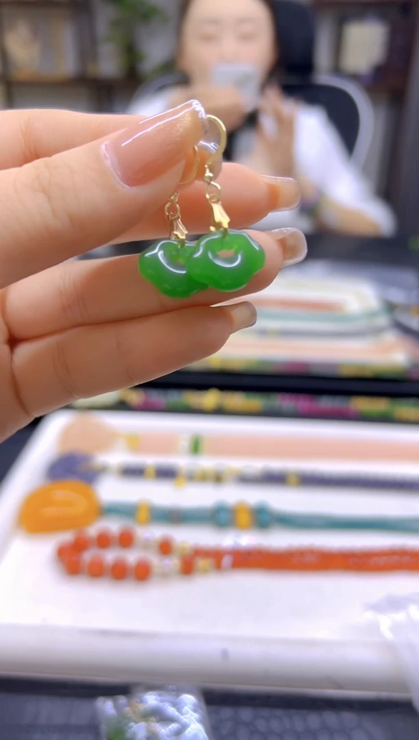 和田玉（碧玉）14K金镶嵌耳饰DIY款E859