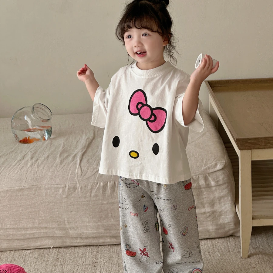 女童卡通猫咪印花短袖纯棉T恤2025春夏新款儿童蝙蝠衫打底衫套装