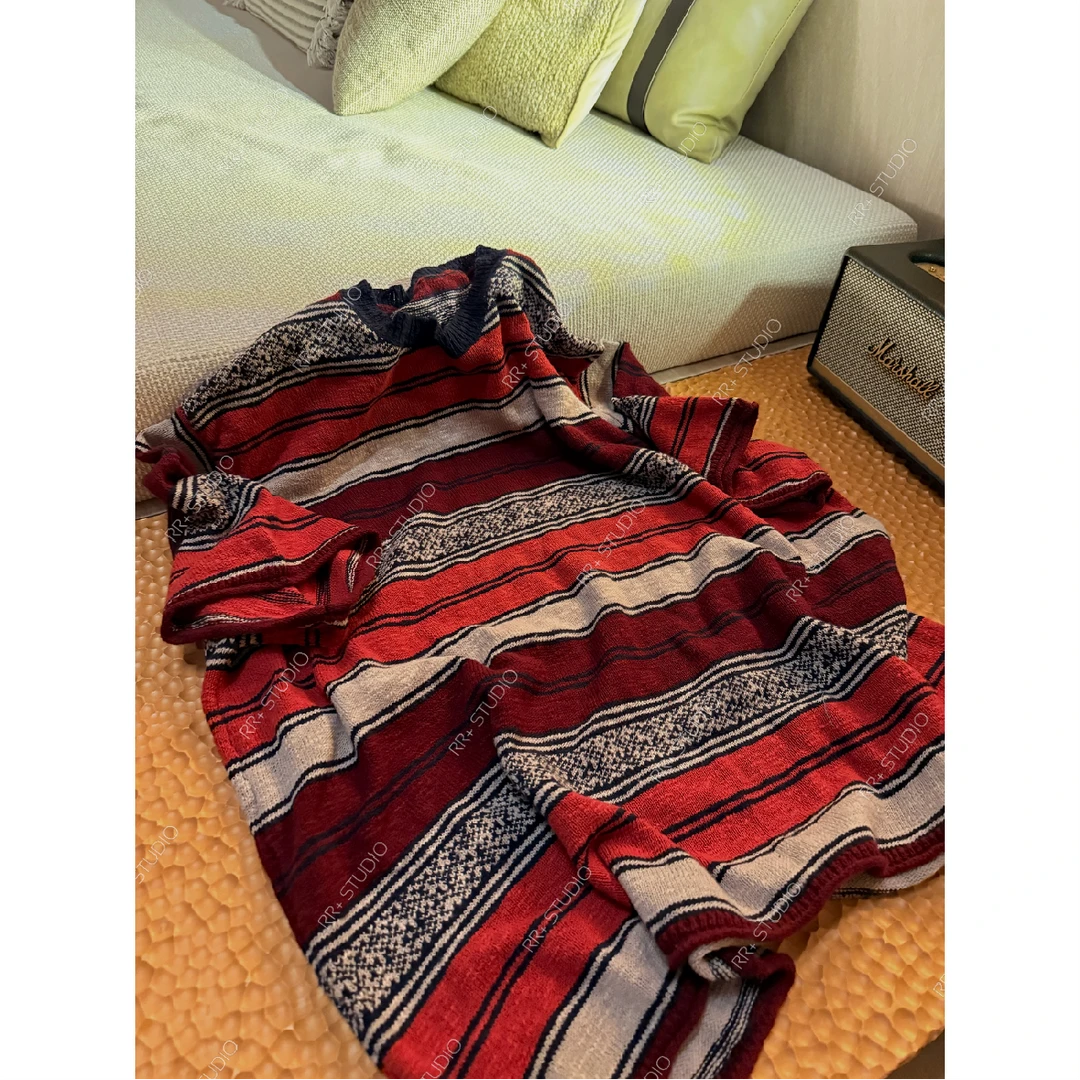 23310简约高品质撞色条纹卷边针织短袖女休闲百搭圆领上衣