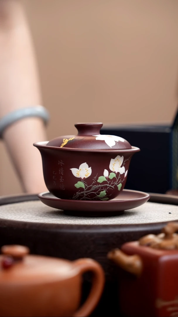茶壶紫砂紫泥玉兰三才盖碗005