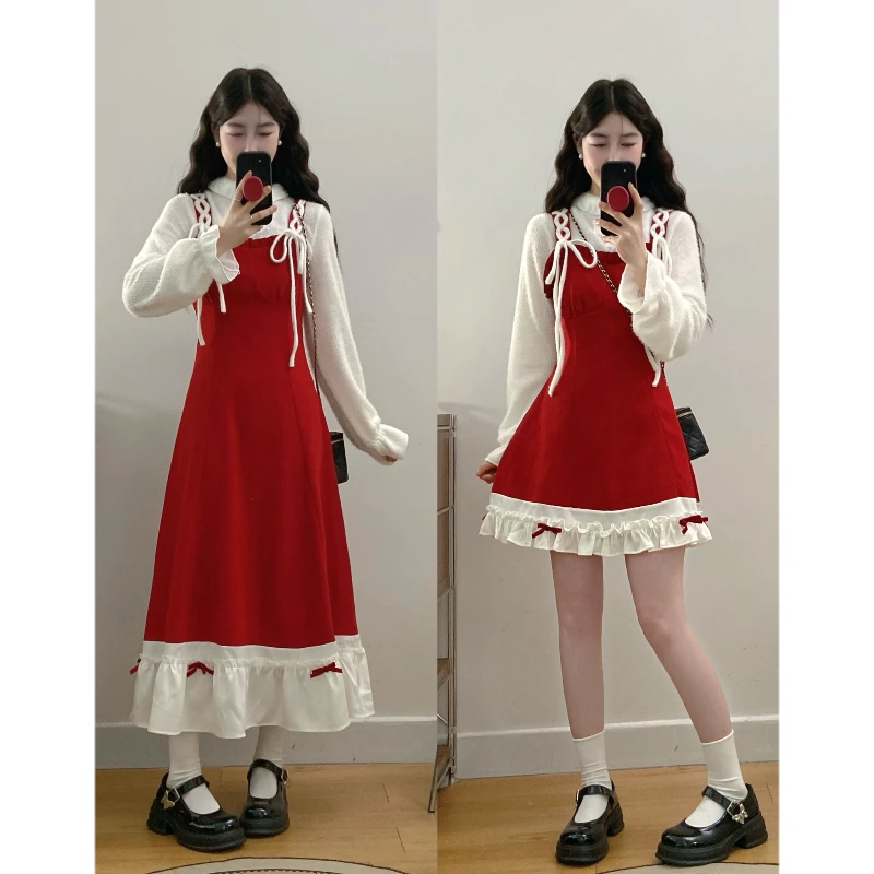 大码【冬铃雪落】绑带收腰高级感拼接长款酒红色背带裙打底衫套装裙