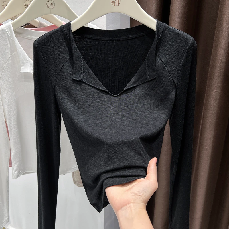 2025新款秋季修身显瘦长袖打底黑色时尚百搭T恤上衣V领亲肤T恤女