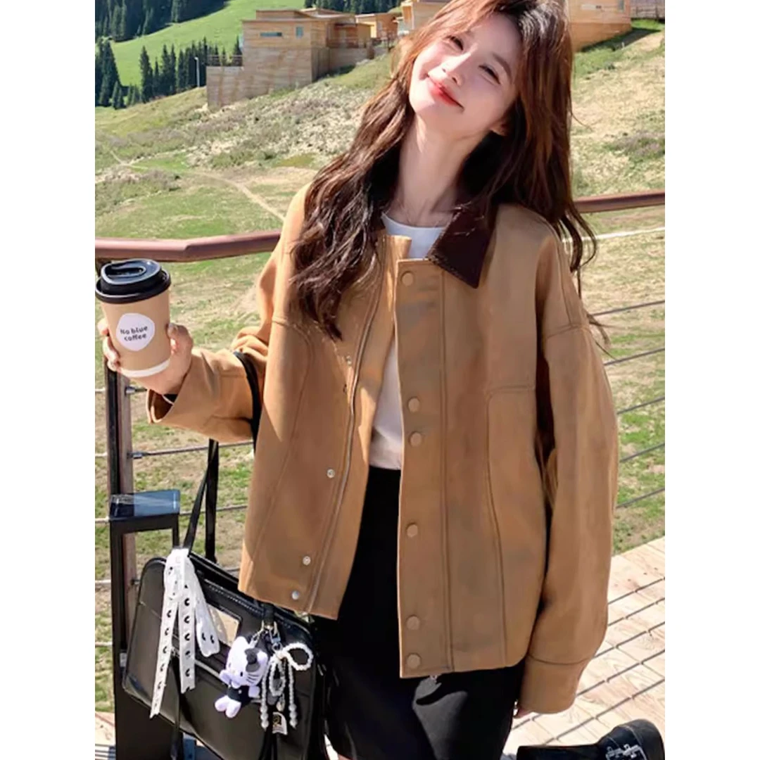 2025秋季新款复古风宽松短款高级工装夹克法式气质撞色翻领外套女