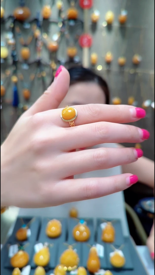 蜜蜡银S925镀金镶嵌戒指﹣B458蜜蜡戒指