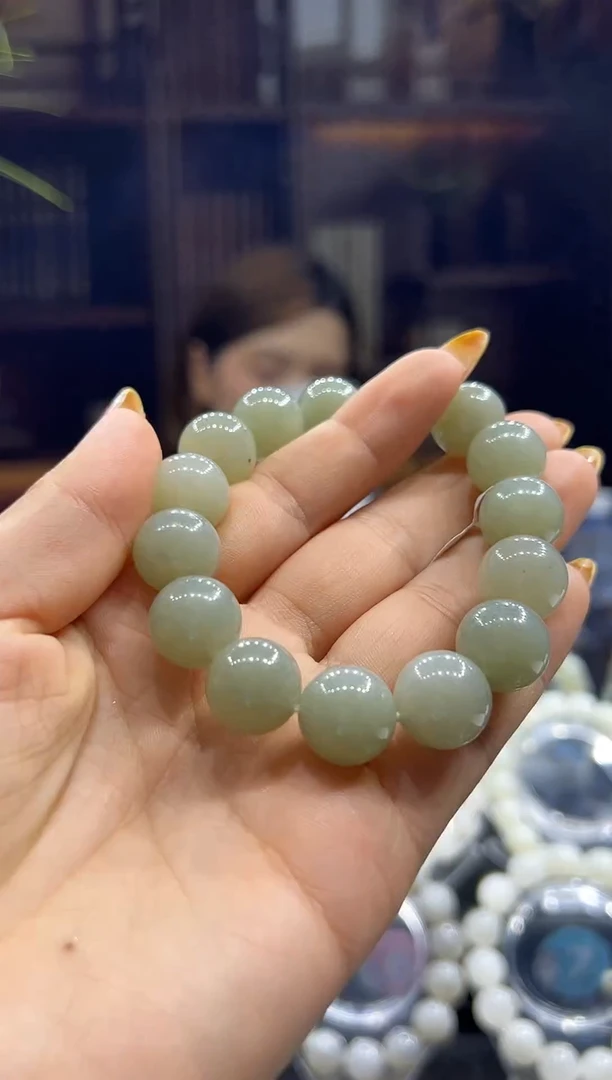 手串未镶嵌和田玉新疆且末料青白玉卡14圆珠上等和田玉手串