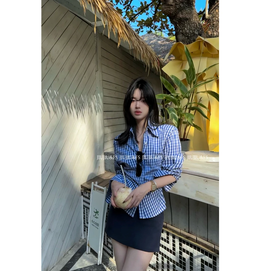 JIUJIU&FS”罗马假日衬衫“高端进口匹马棉高质感软而挺格纹衬衣女