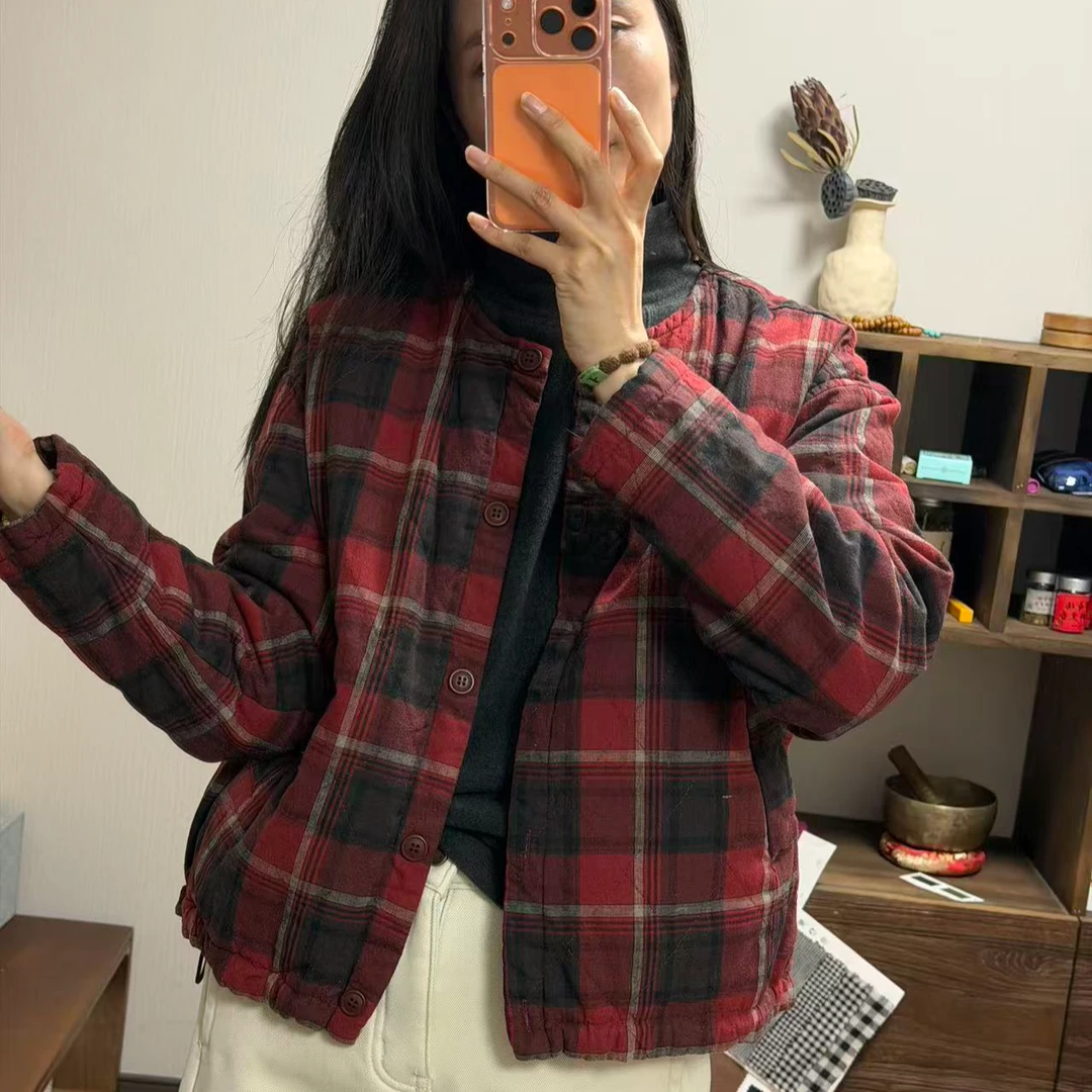 9687-水洗夹棉格子外套保暖圆领棉衣棉服春秋时尚常规款