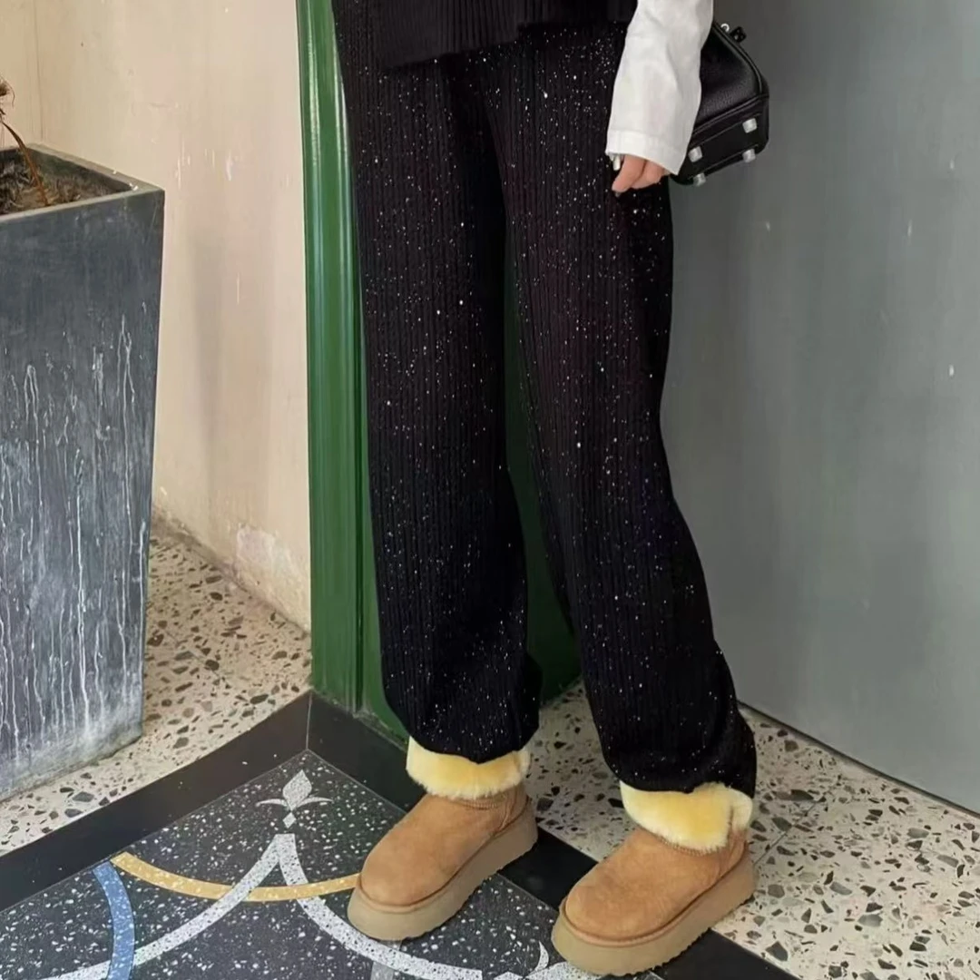 90250 黑色细闪麻花阔腿裤