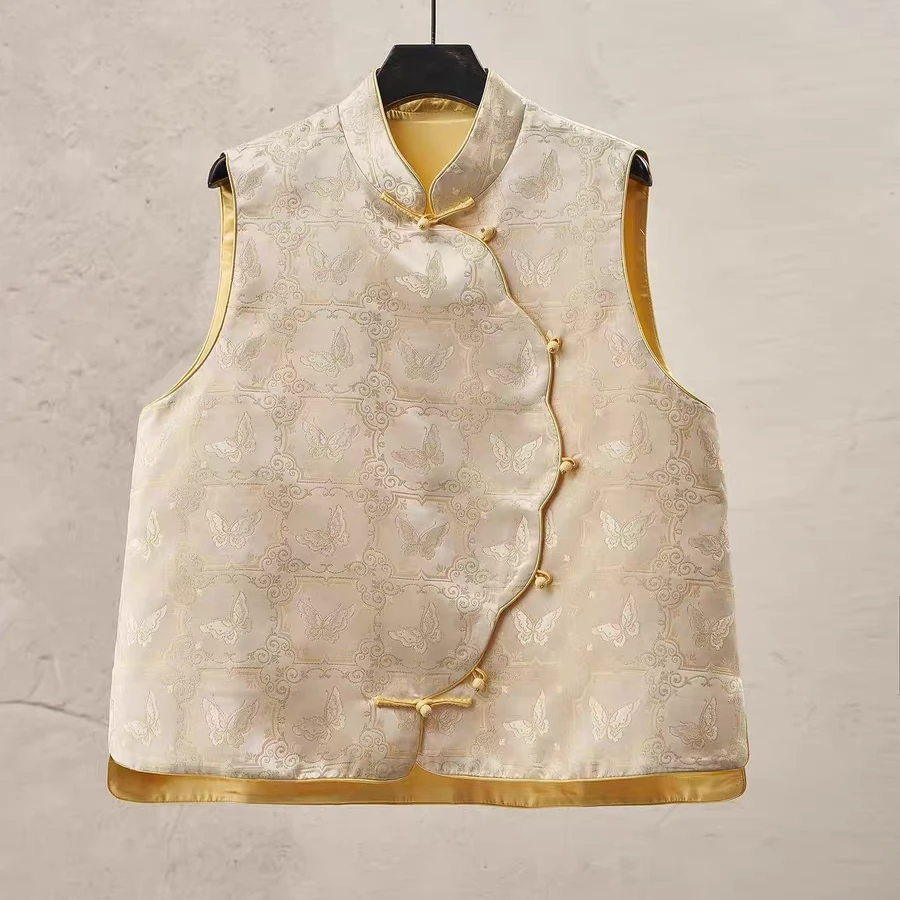 新中式中国风时尚复古黄色网红马甲提花上衣立领ins马甲马夹无袖