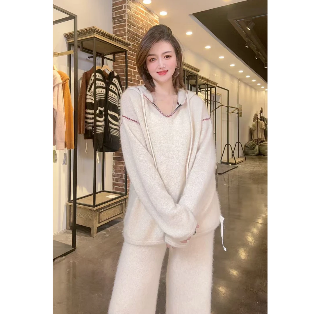 【薷暖】256620-256621-100山羊绒拉绒简约百搭连帽套装