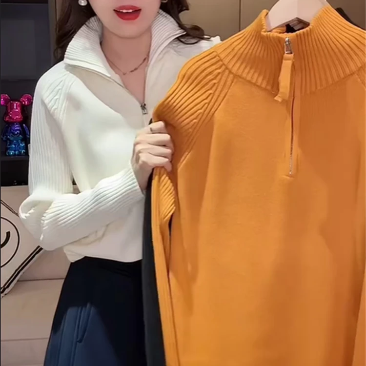 设计感纯色半拉链高领针织衫女2025冬季新款气质修身显瘦打底上衣