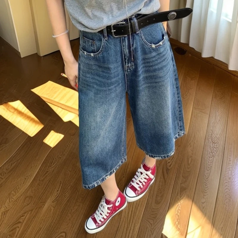 【送腰带】复古高腰夏季牛仔短裤子大码女款显瘦直筒宽松阔腿裤