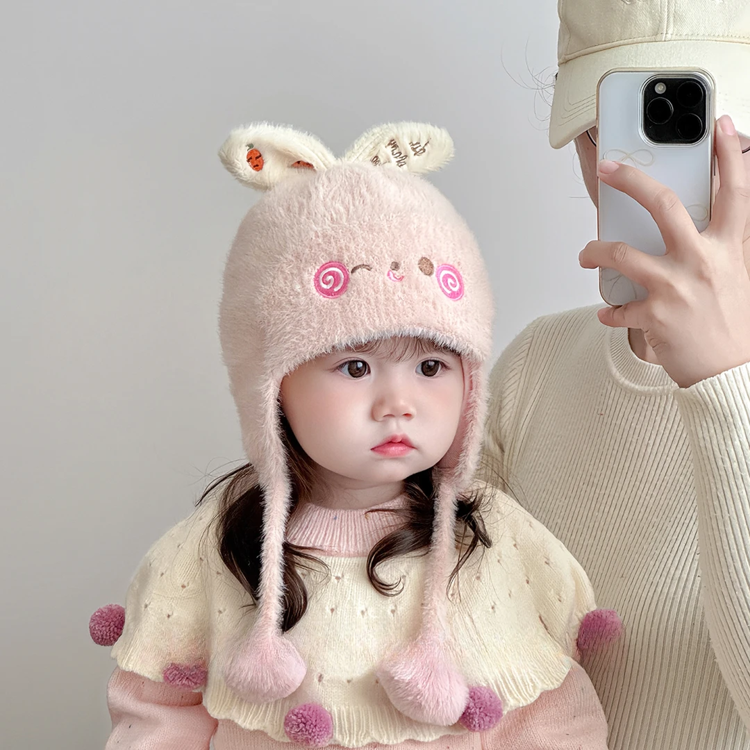 宝宝帽子秋冬季毛绒帽可爱超萌卡通女童护耳帽加厚保暖儿童针织帽