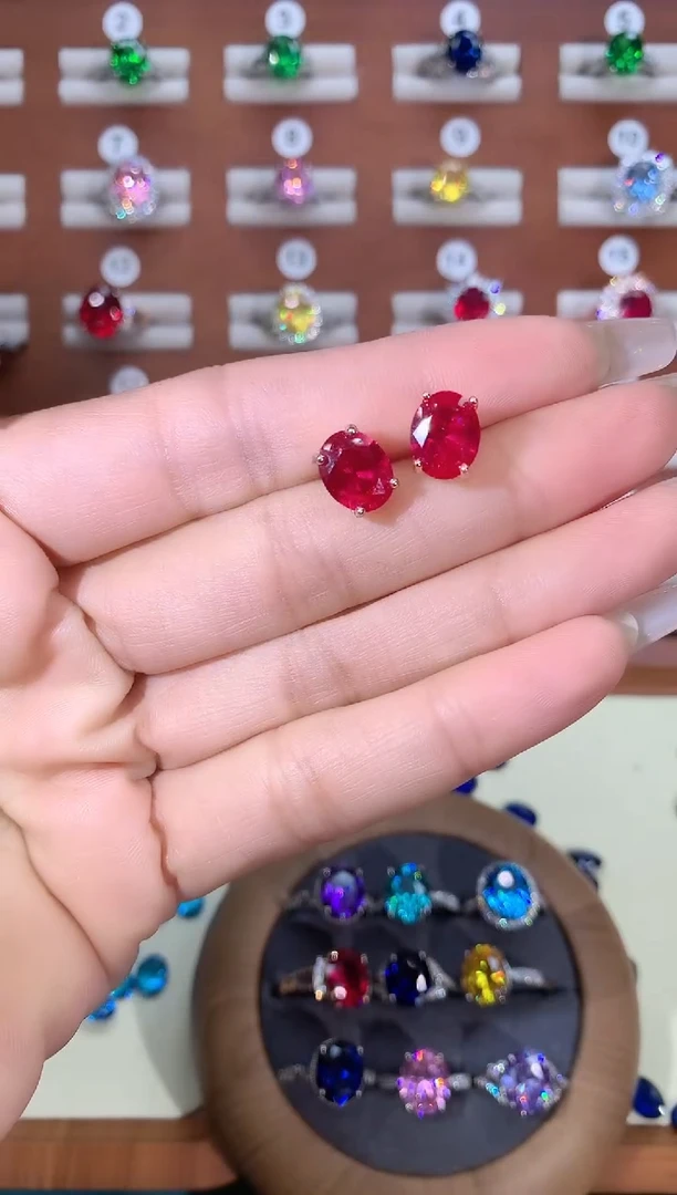 银S925镶嵌耳饰红宝石810玫瑰金