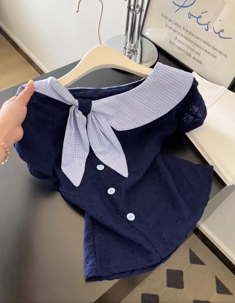 2025新款学院风海军领格子拼接短袖T恤女夏季小个子休闲显瘦上衣
