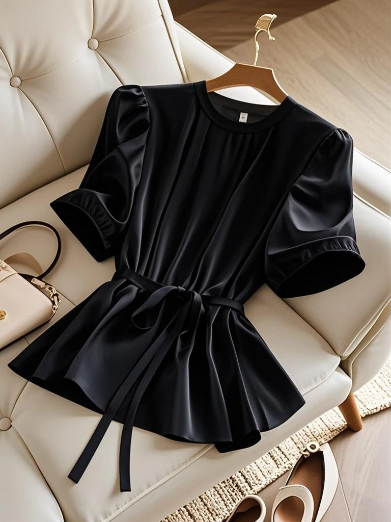 夏轻奢高级感时尚百搭漂亮小衫小清新上衣仙气飘飘黑色短袖衬衫女