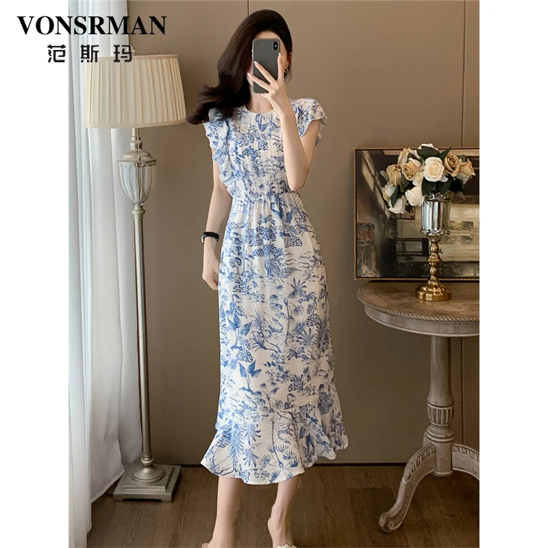 国风碎花雪纺连衣裙女夏季2025新款气质修身显瘦短袖中长款鱼尾裙