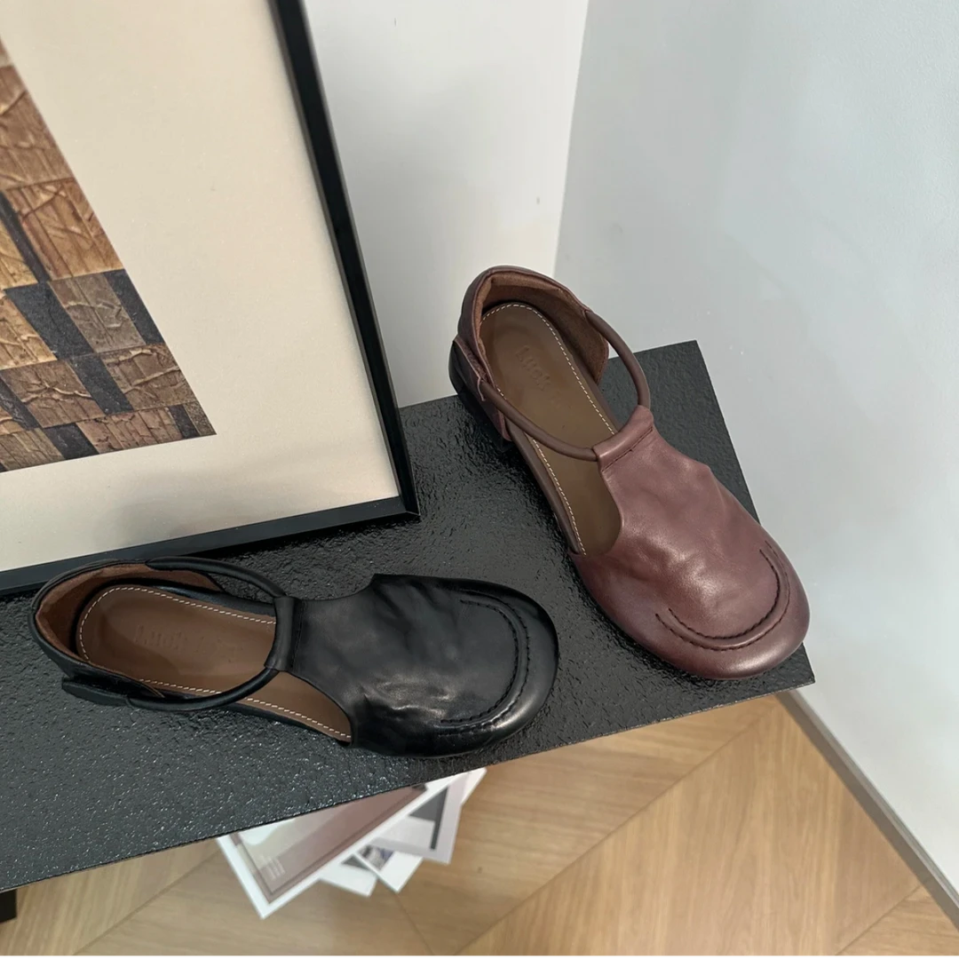 真皮方头女士黑色包头复古时尚休闲中跟罗马凉鞋