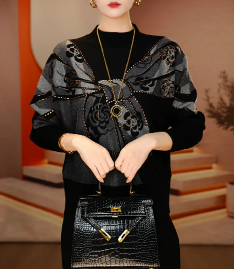 秋季新款含羊毛针织毛线衣长袖百搭弹力舒适保暖V25L796