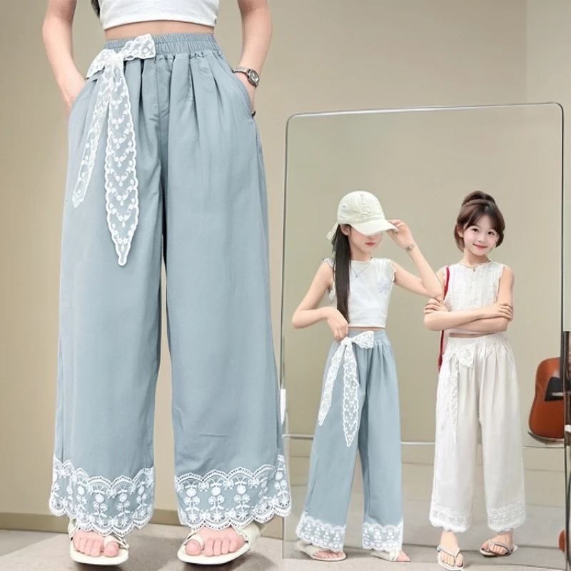 女童阔腿裤夏季薄款2025新款儿童休闲中大童夏天冰丝花边直筒裤子