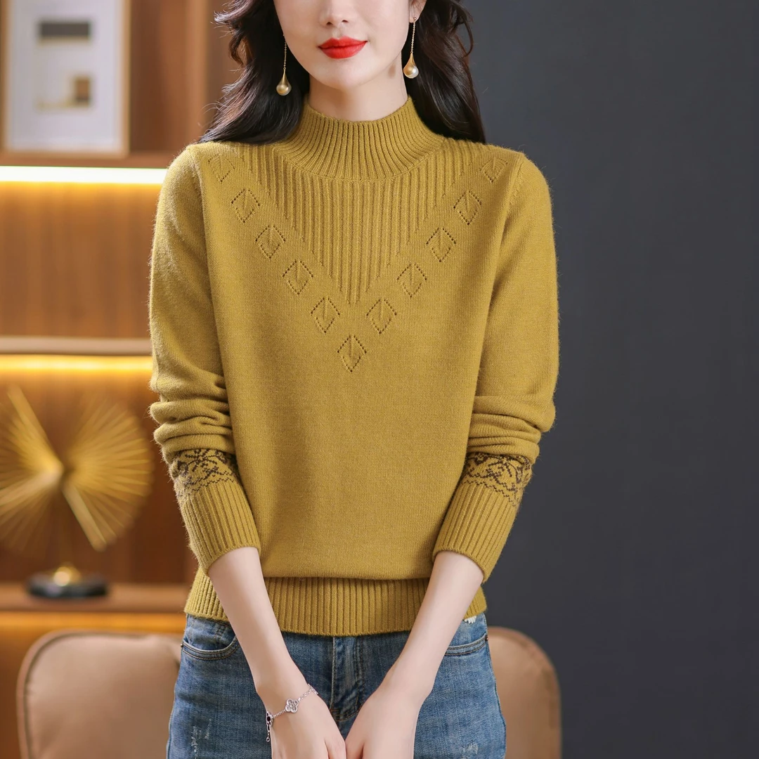 女士保暖女装冬季宽松羊毛衫慵懒风半高领套头打底衫加厚秋冬上衣