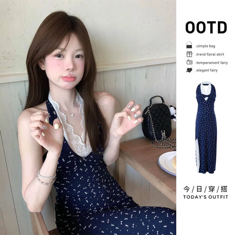 法式蕾丝拼接碎花挂脖连衣裙子女夏季新款纯欲慵懒风收腰开叉长裙