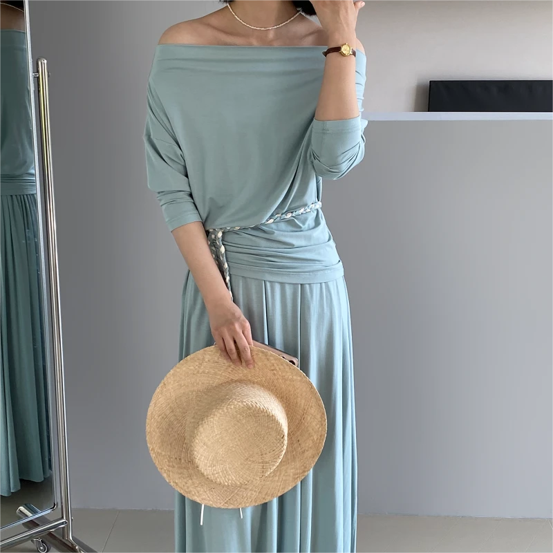 2025韩系小众斜肩气质百褶针织套装女春夏半身裙显瘦春夏套装