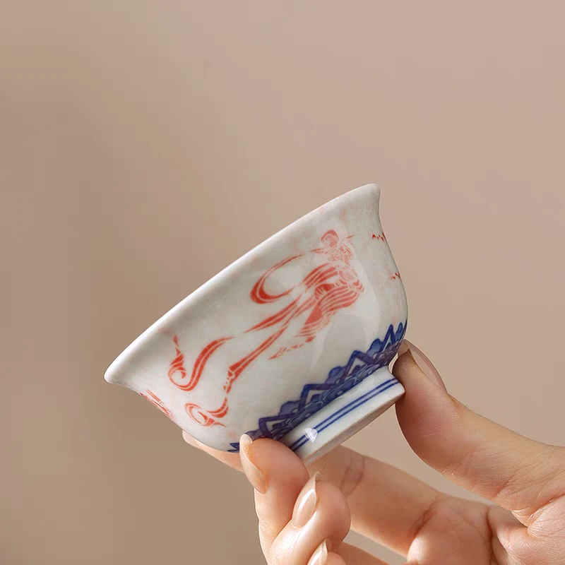 景德镇手工手作釉下彩青花拓片敦煌飞天高端陶瓷茶具压手杯