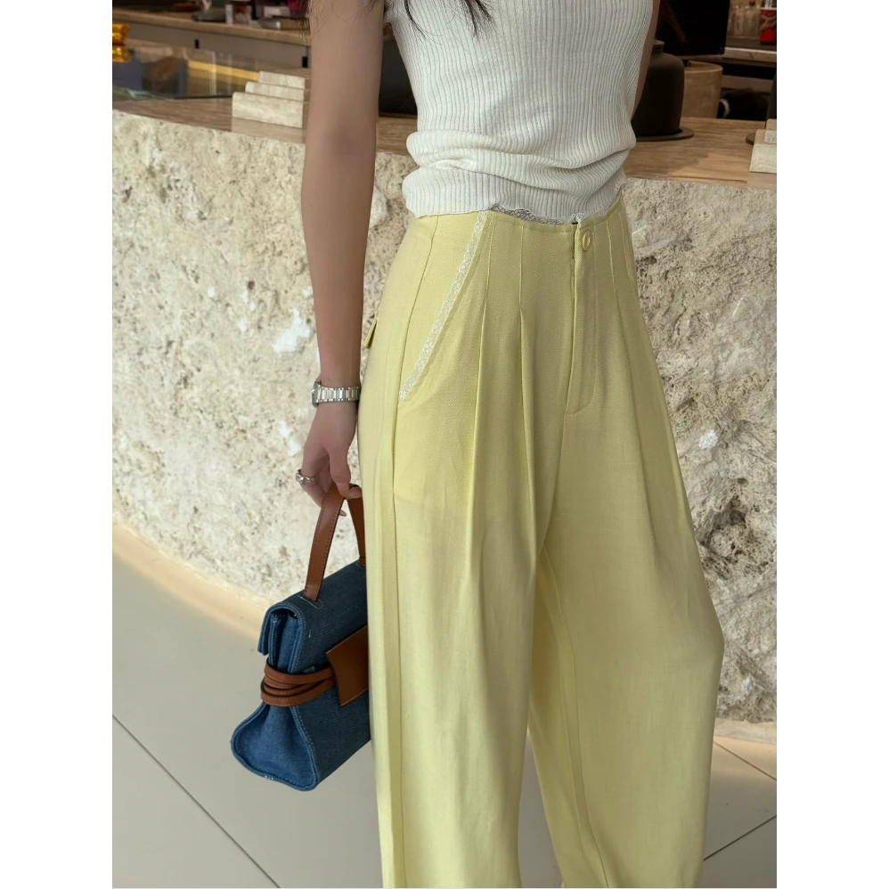 夏季新款莱赛尔天丝花边口袋带口袋女式休闲裤25DAK0624