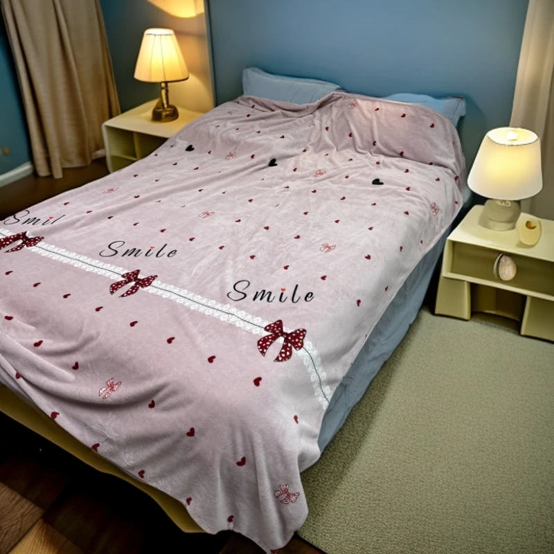 阳光-粉色蝴蝶结爱心被套全消光牛奶绒加厚