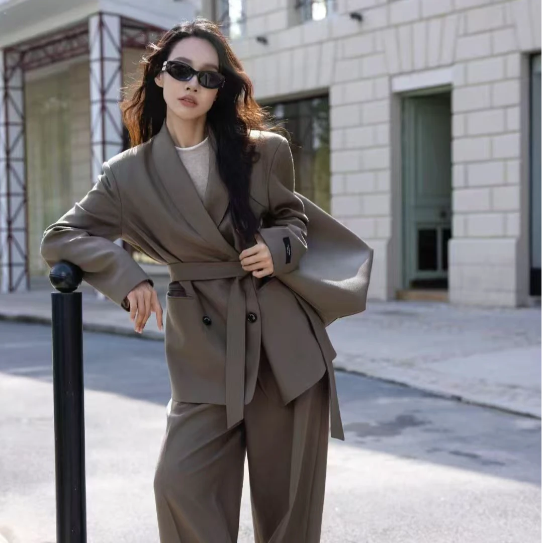 WIWH秋冬款老钱风阔腿女士西装套西服西装裤设计师