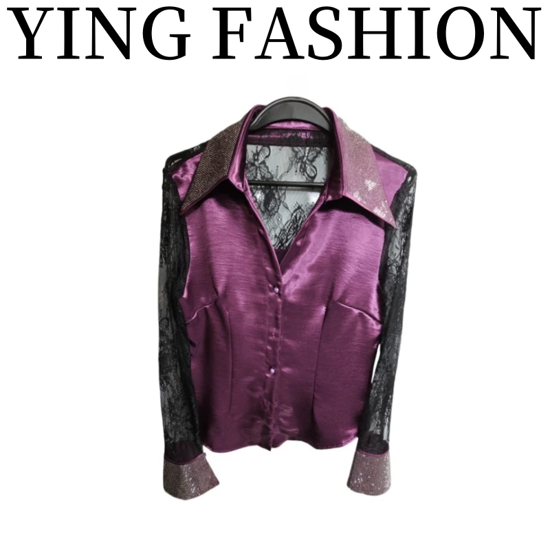 【YING FASHION】莹老板-夏季时尚钻领醋酸拼蕾丝衬衫 8020226 375