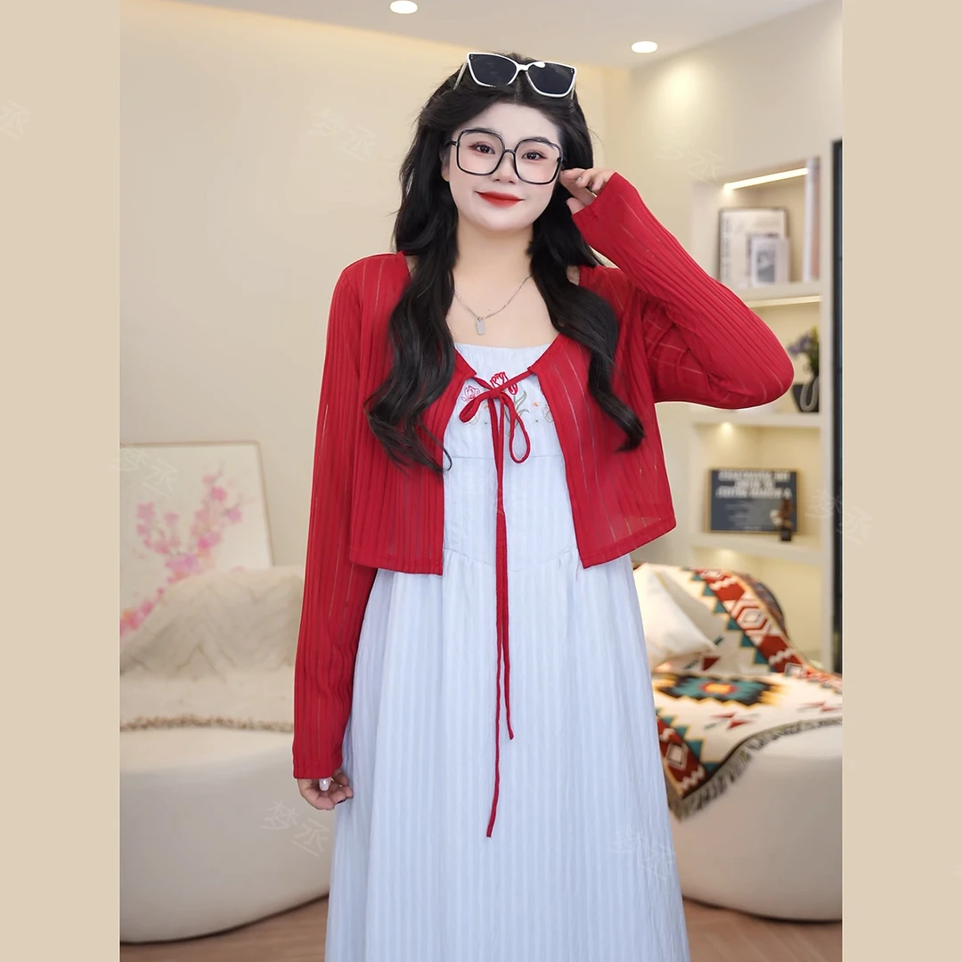 梦丞【微醺周末】大码女装夏季V领针织开衫系带短款百搭长袖上衣