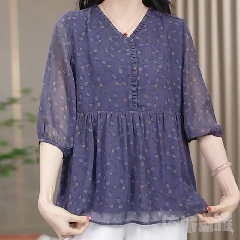 《专柜品质》夏季气质碎花遮肚子洋气中袖显瘦时尚大码女装小衫1