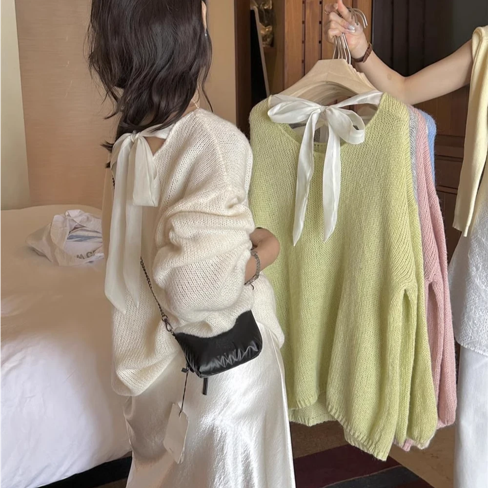 设计感后背绑带镂空针织衫女春季宽松百搭纯痞帅炸街风女装