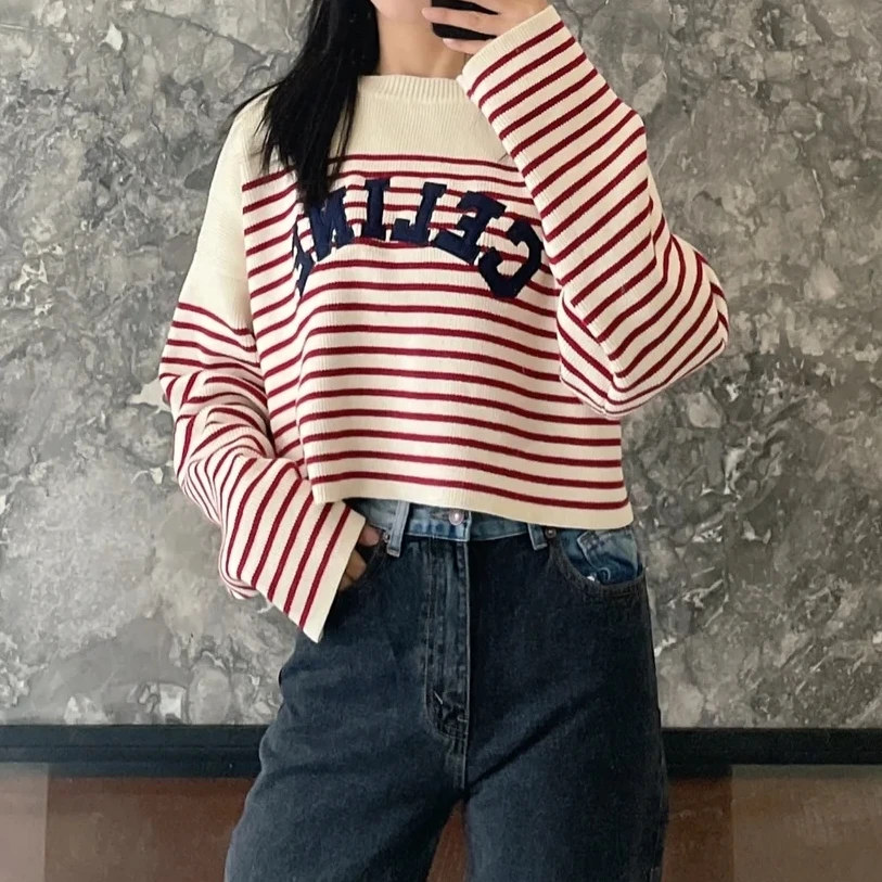 99新 Celine/思琳 条纹字母logo长袖针织衫 L 11466674