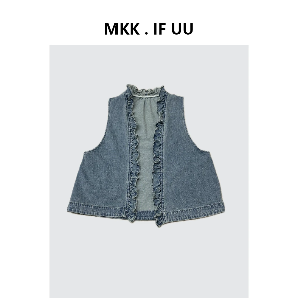 KEKE推荐 法式复古木耳边牛仔马甲