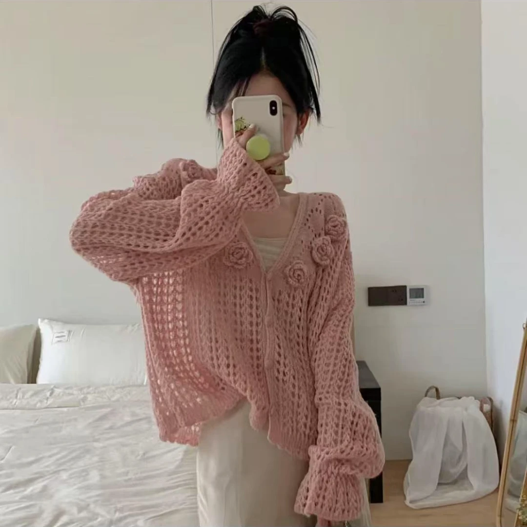 韩系甜美立体花朵镂空针织开衫2025春夏新款洋气减龄薄款时尚外搭
