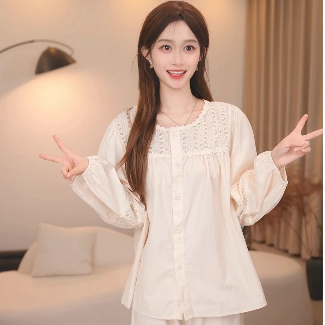 板栗小姐【宛若】春秋长袖甜美风全棉双层纱睡衣家居服套装可外穿
