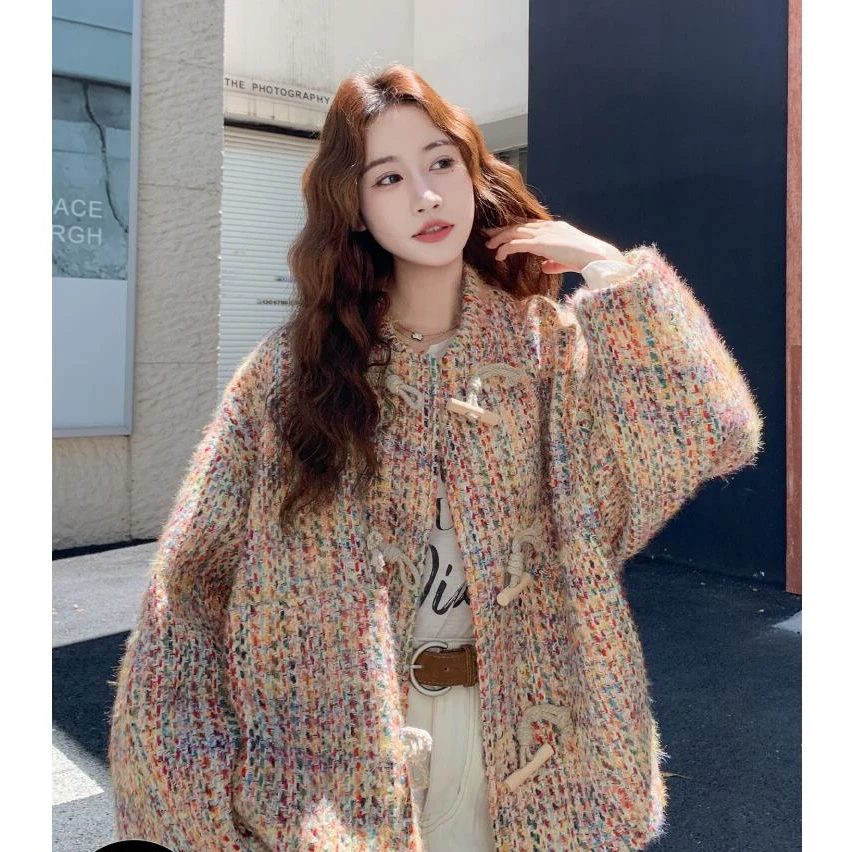 彩色粗花呢短外套女小个子2025秋新款法式宽松洋气牛角扣针织上衣