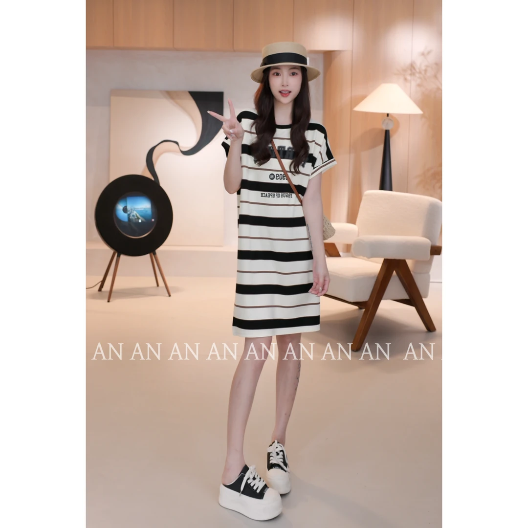 C05067新款韩系气质宽松圆领飞飞袖字母条纹T恤裙连衣裙