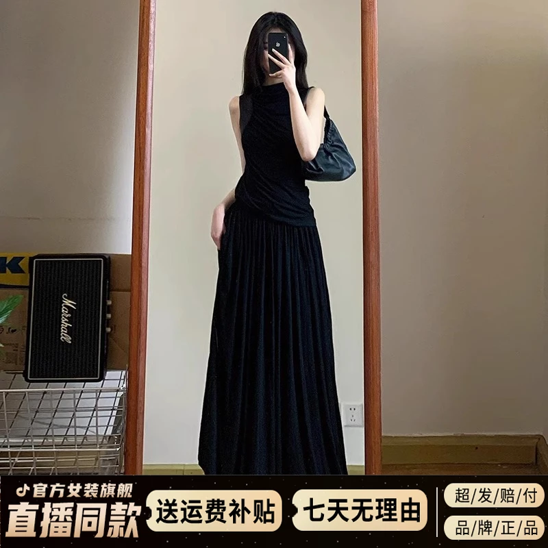 法式黑色赫本风无袖背心连衣裙子女夏季新款显瘦收腰气质套装长裙