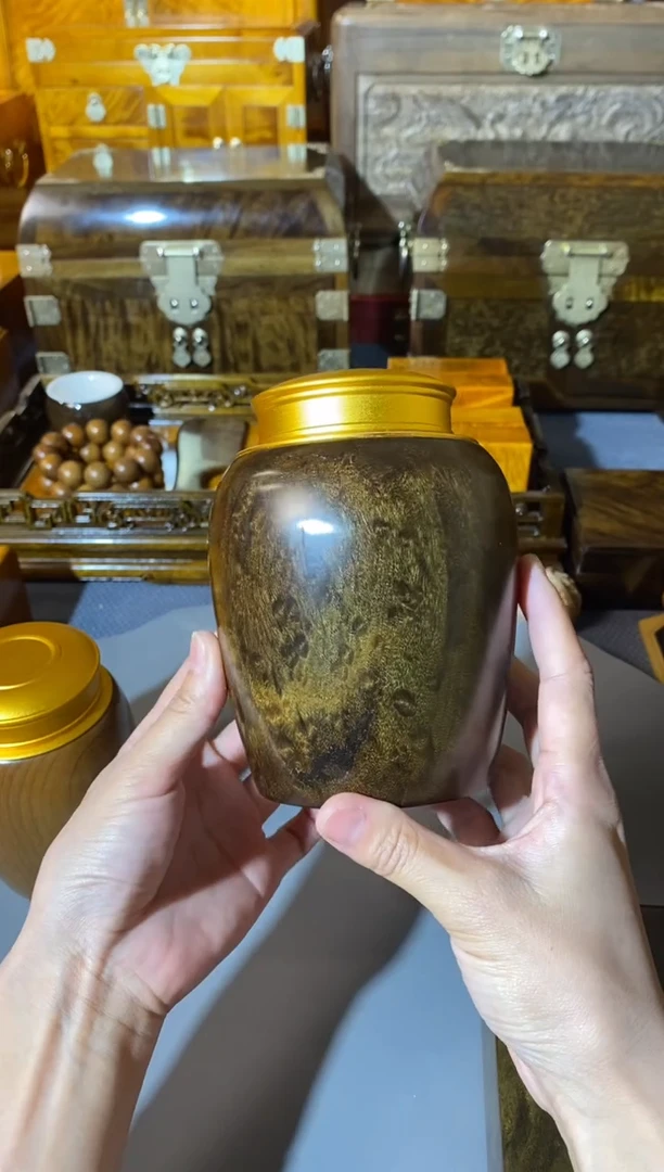 金丝楠阴沉木 纹理 茶叶罐  高14cm