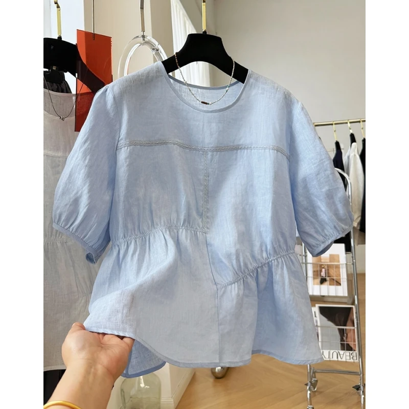 高级感苎麻不规则独特别致漂亮小衫女夏季超好看气质上衣娃娃衫薄