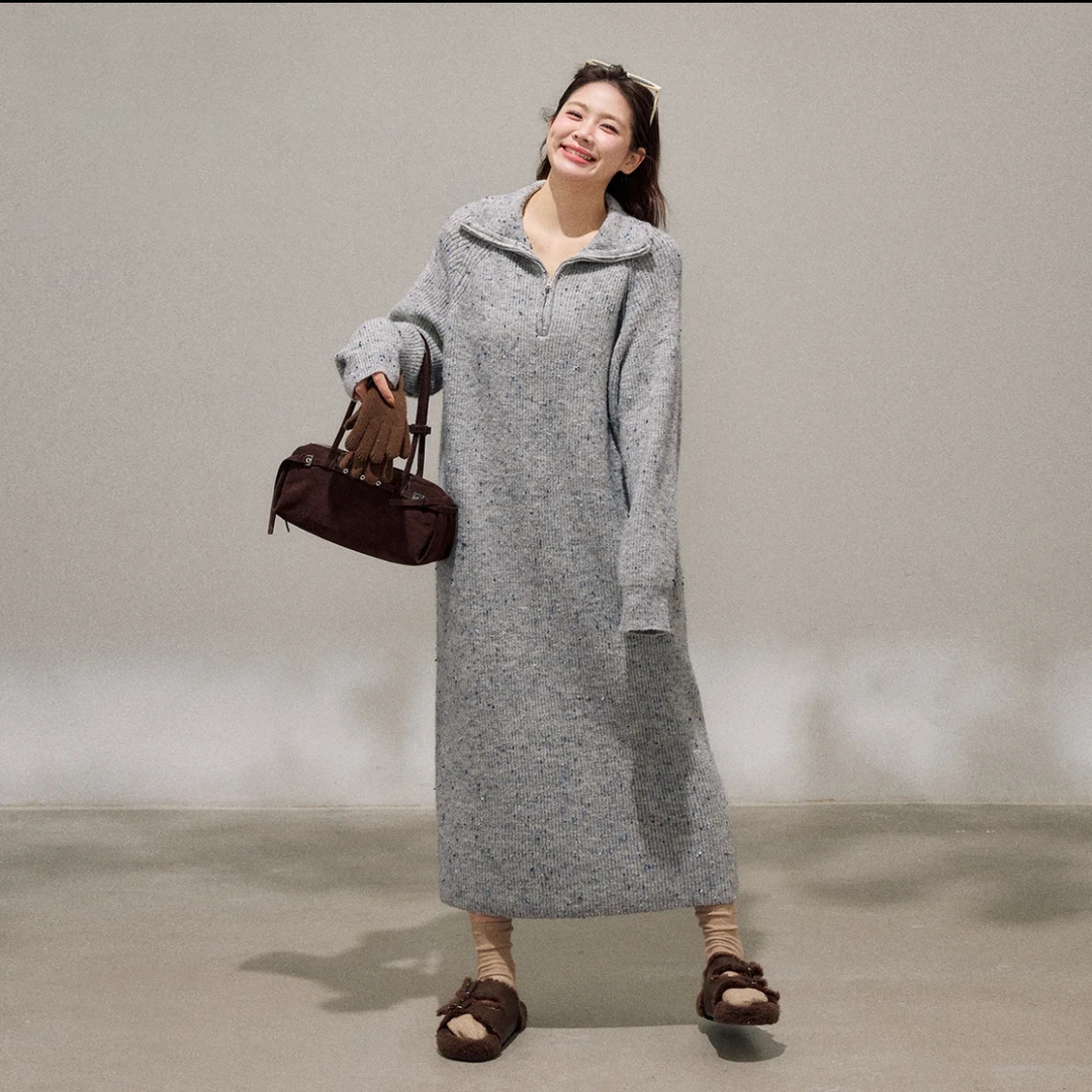 大码女装微胖妹妹松弛感浅灰杂点高领毛衣长裙连衣裙