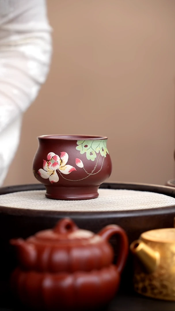 茶壶紫砂紫泥将军杯泥绘荷花