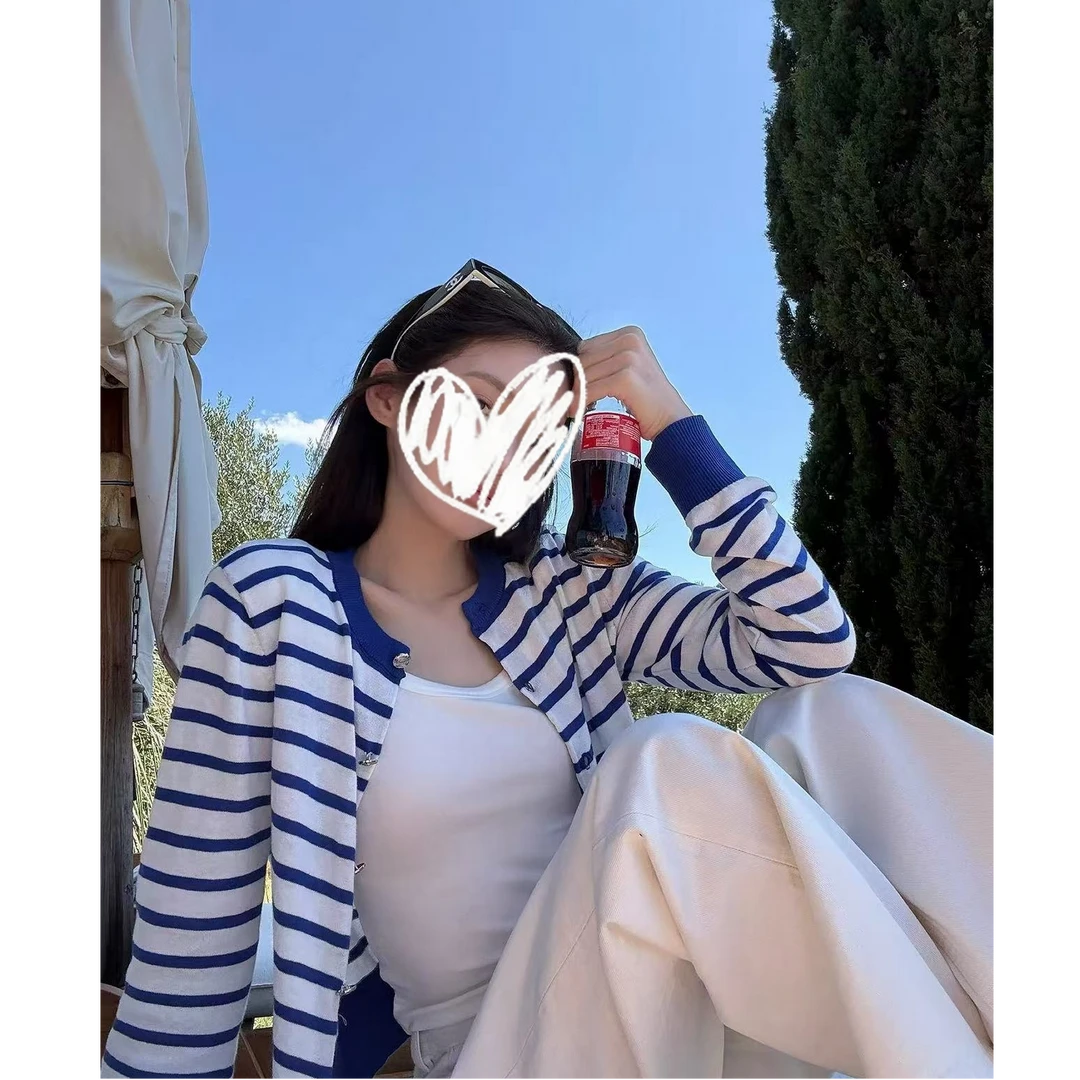 韩版气质条纹开衫女新款薄款宽松短款休闲百搭显瘦针织外搭Y1409