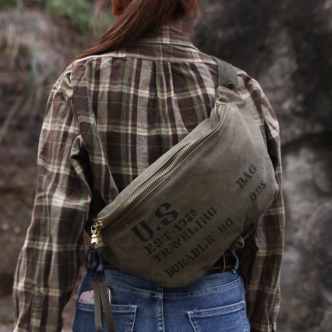 TSD手工皮具重磅加密株地帆布机车胸包单肩包斜跨包男包8755